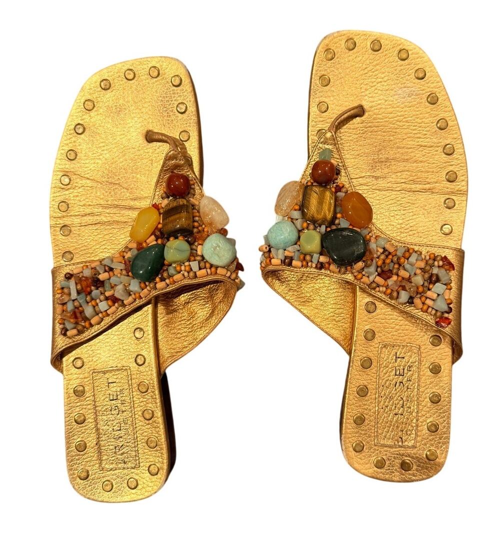 Bridget Sandals - Handcrafted Gold Multicolor Beaded Sandals Size 10